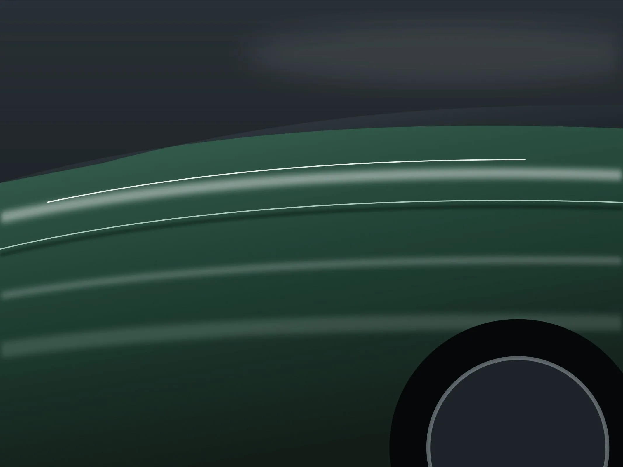 Lateral de um carro verde com pintura espelhada refletindo as luzes do estúdio
